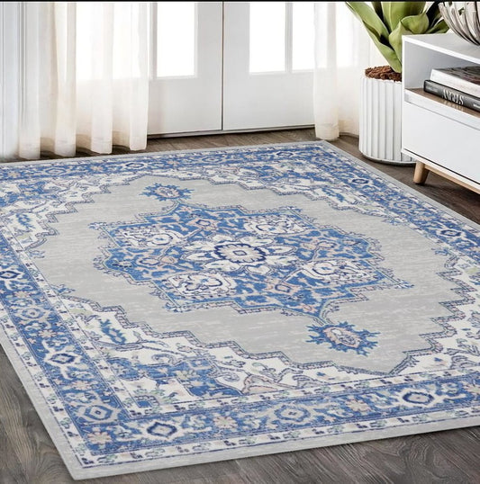 4' X 6' Ivory And Blue Medallion Area Rug