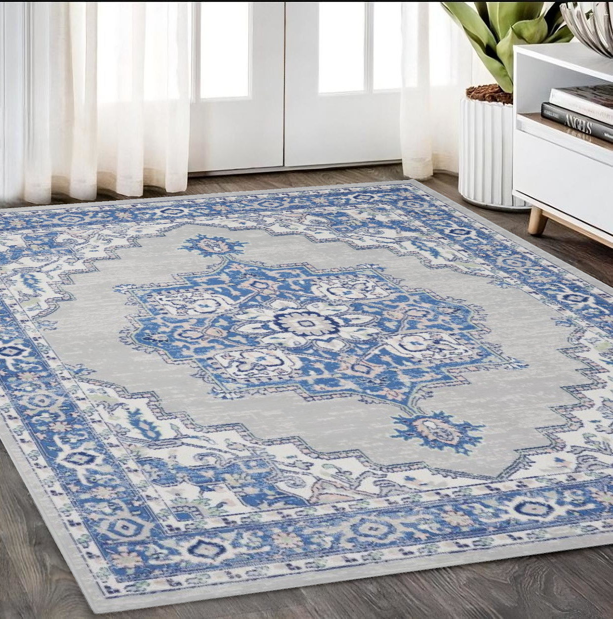 5' X 7' Blue Gray Floral Dhurrie Area Rug