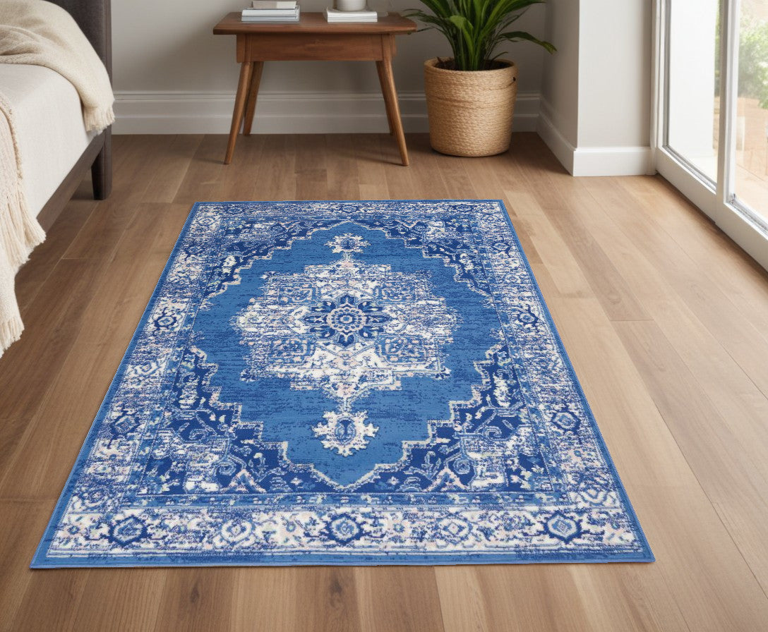 5' X 7' Blue Gray Floral Dhurrie Area Rug