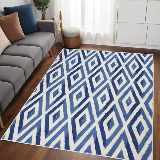 4' X 6' Blue And Ivory Geometric Dhurrie Area Rug