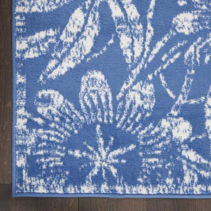 5' X 7' Blue And Ivory Floral Vines Distressed Area Rug