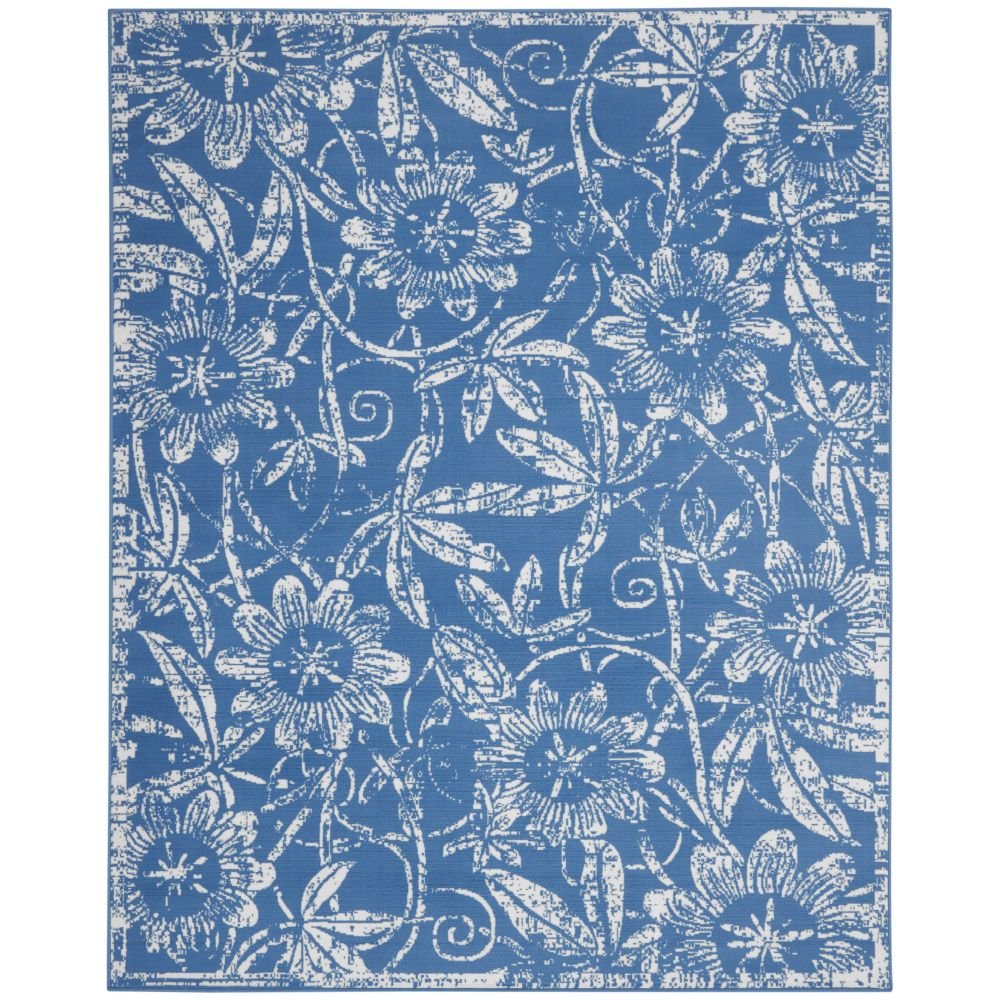 6' X 9' Blue And Ivory Floral Distressed Area Rug
