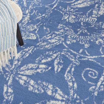 4' X 6' Blue And Ivory Floral Vines Distressed Area Rug