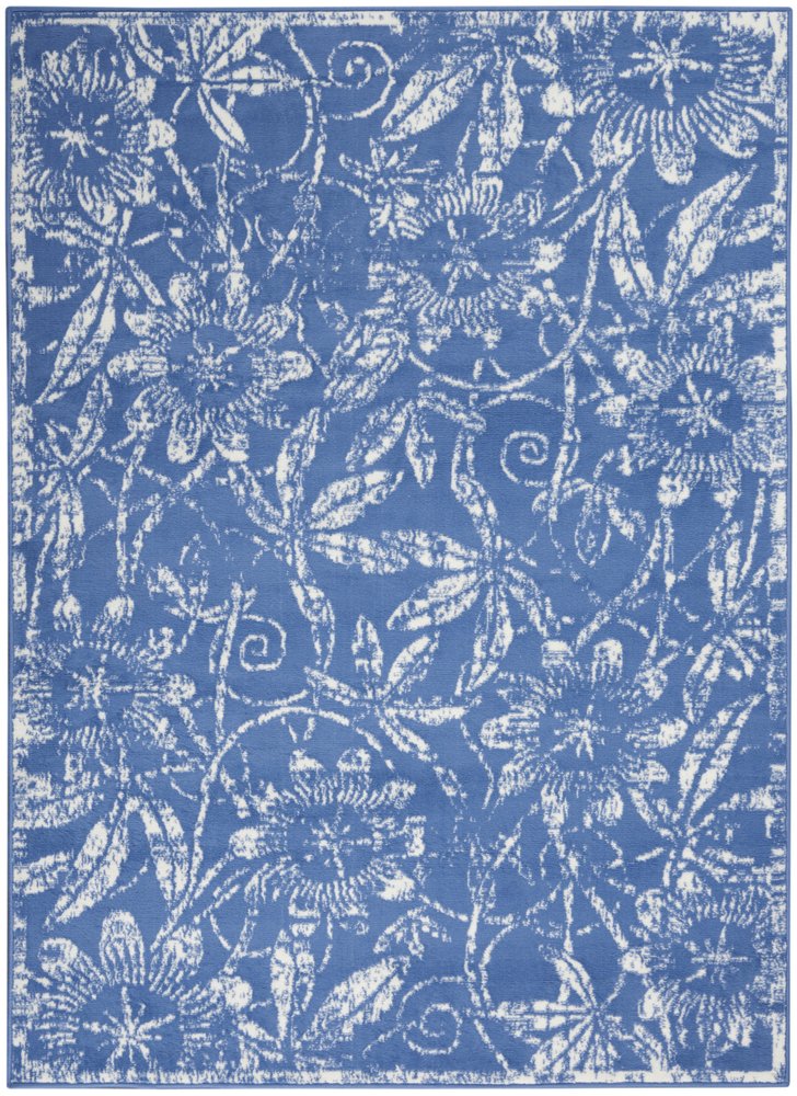 6' X 9' Blue And Ivory Floral Distressed Area Rug