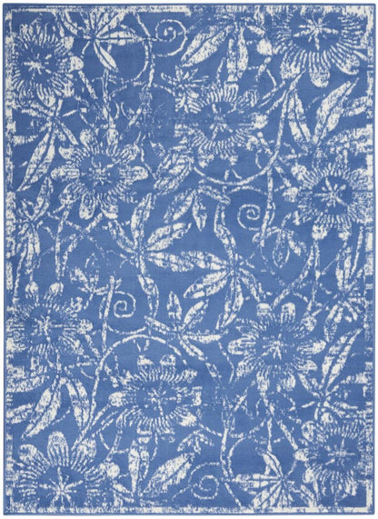 5' X 7' Blue And Ivory Floral Vines Distressed Area Rug