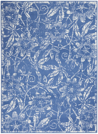 6' X 9' Blue And Ivory Floral Distressed Area Rug
