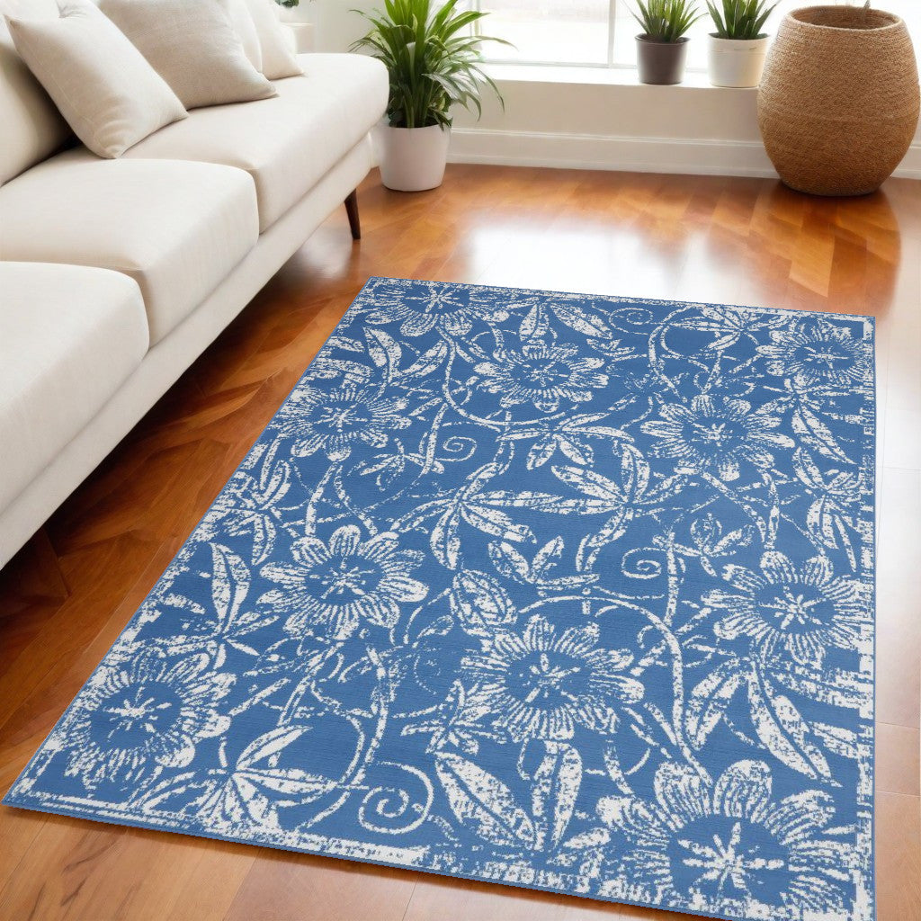 5' X 7' Blue Floral Dhurrie Area Rug