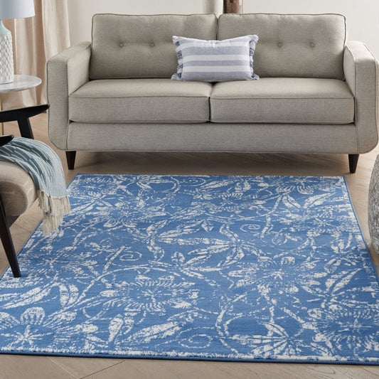 6' X 9' Blue Floral Dhurrie Area Rug