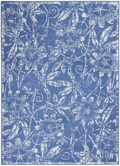 6' X 9' Blue And Ivory Floral Distressed Area Rug