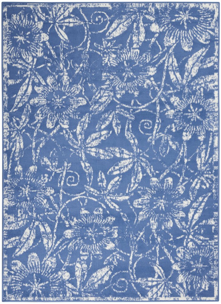 6' X 9' Blue And Ivory Floral Distressed Area Rug