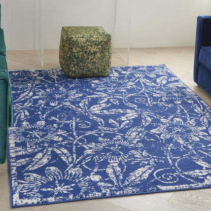 6' X 9' Ivory And Blue Floral Vines Distressed Area Rug