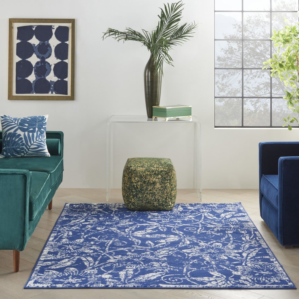 5' X 7' Ivory And Blue Floral Vines Distressed Area Rug