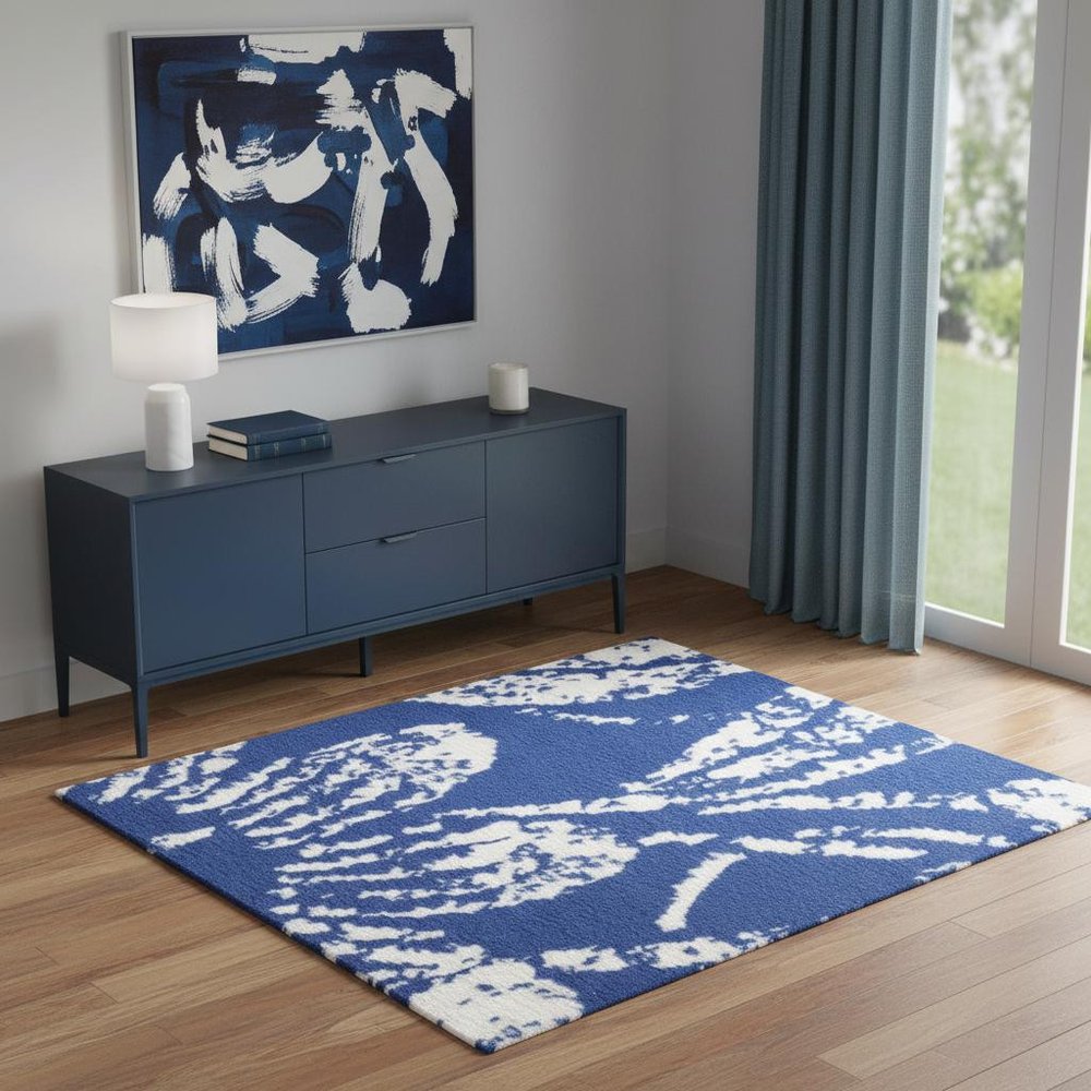 5' X 7' Ivory And Blue Floral Vines Distressed Area Rug