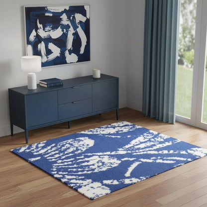 4' X 6' Navy Blue And Ivory Floral Distressed Area Rug