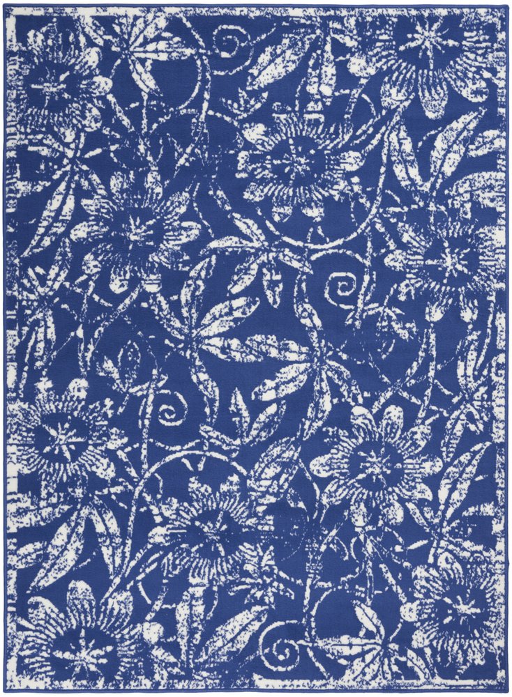 5' X 7' Ivory And Blue Floral Vines Distressed Area Rug