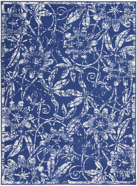 5' X 7' Ivory And Blue Floral Vines Distressed Area Rug