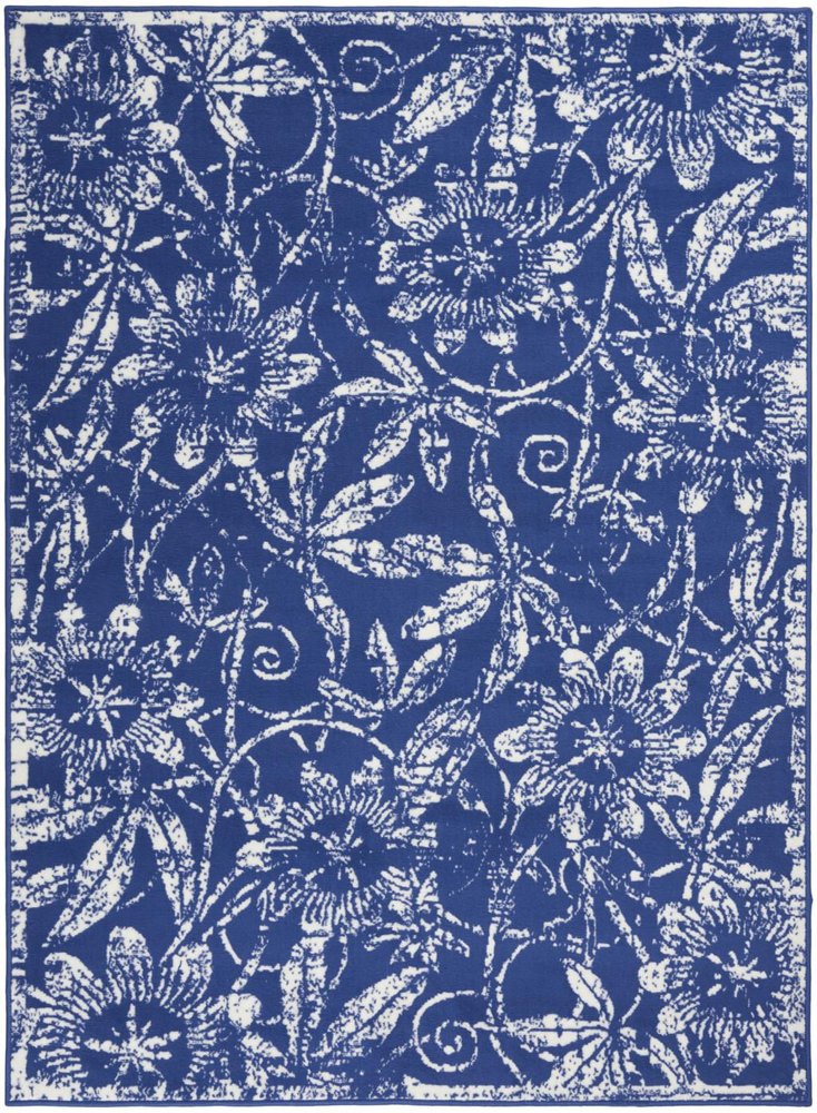 5' X 7' Ivory And Blue Floral Vines Distressed Area Rug