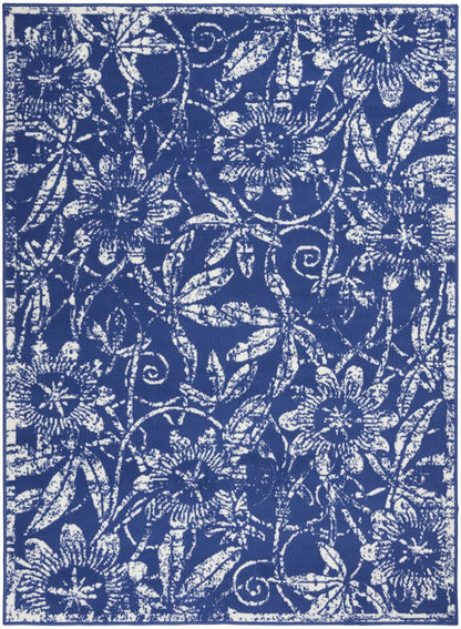 5' X 7' Ivory And Blue Floral Vines Distressed Area Rug