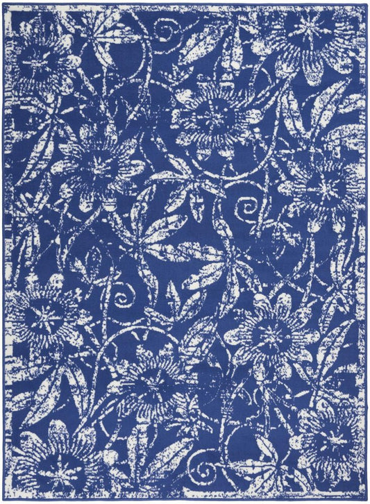 5' X 7' Ivory And Blue Floral Vines Distressed Area Rug