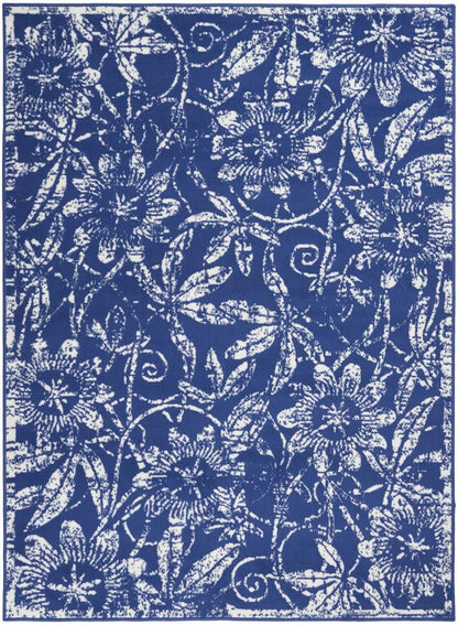 4' X 6' Navy Blue And Ivory Floral Distressed Area Rug