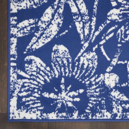 5' X 7' Ivory And Blue Floral Vines Distressed Area Rug