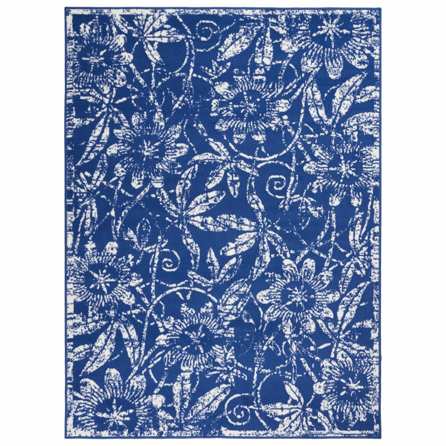 5' X 7' Navy Blue Floral Dhurrie Area Rug