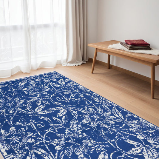 4' X 6' Navy Blue Floral Dhurrie Area Rug