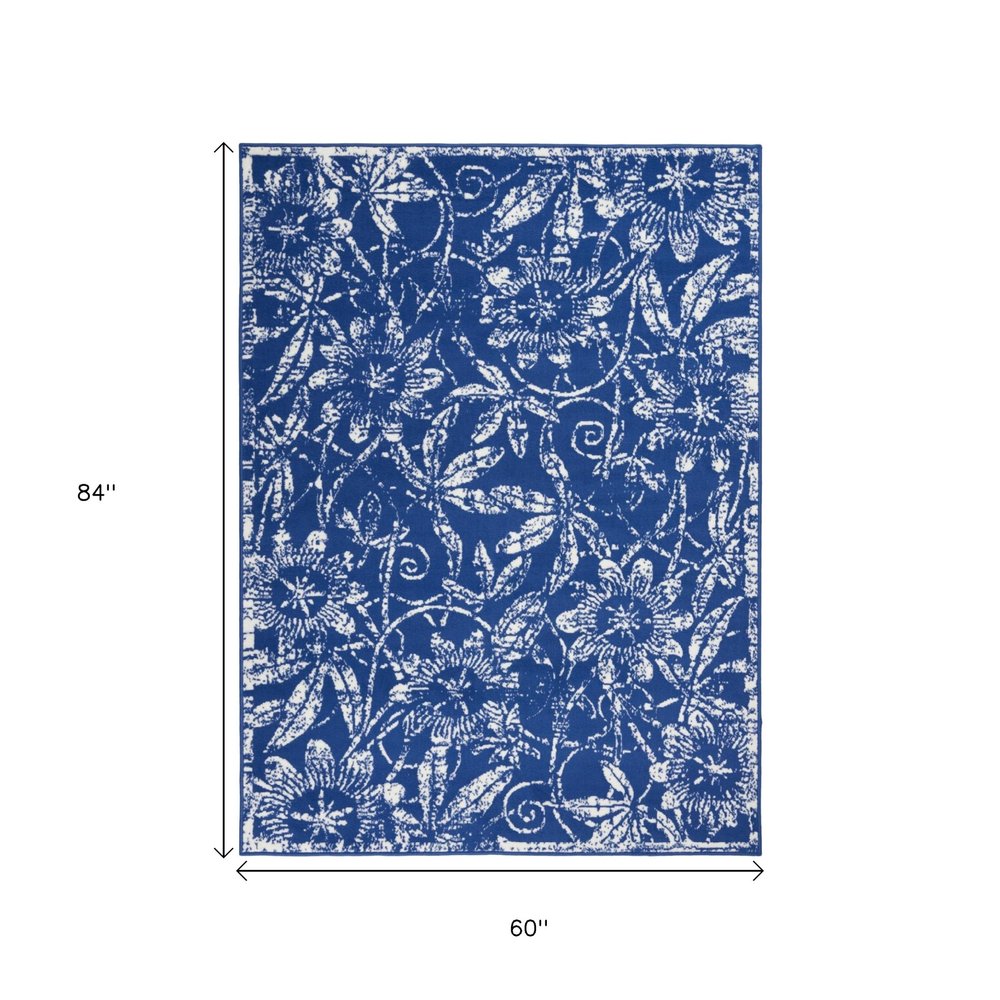 5' X 7' Ivory And Blue Floral Vines Distressed Area Rug