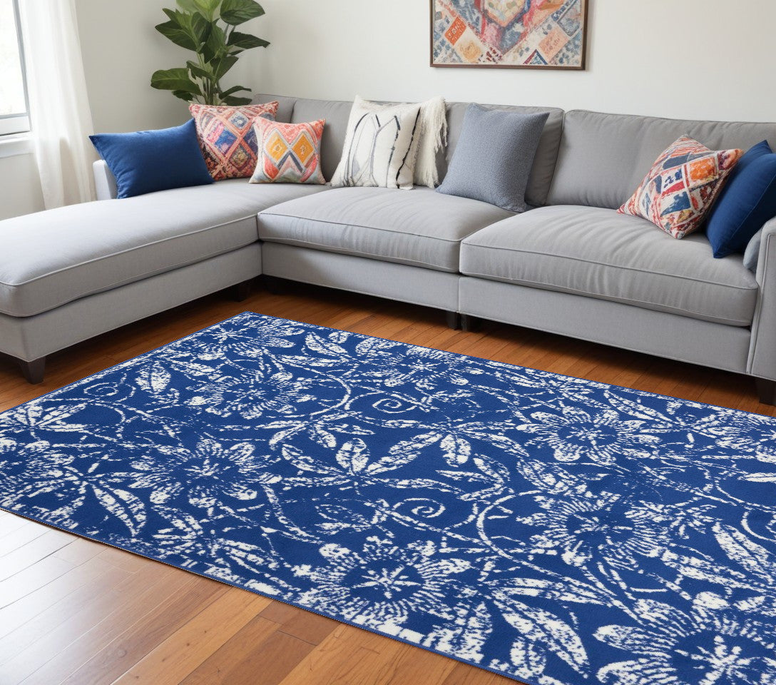 5' X 7' Navy Blue Floral Dhurrie Area Rug