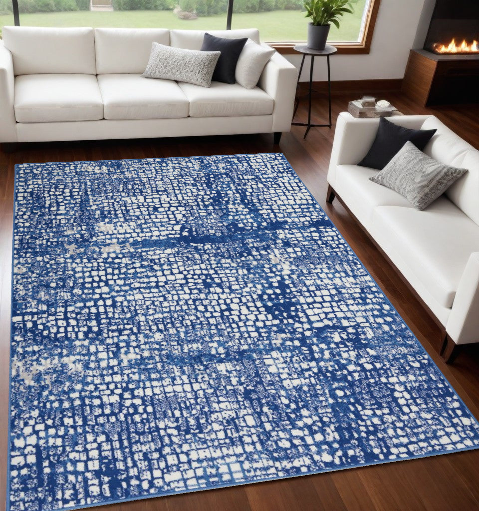 4' X 6' Blue And Ivory Abstract Dhurrie Area Rug