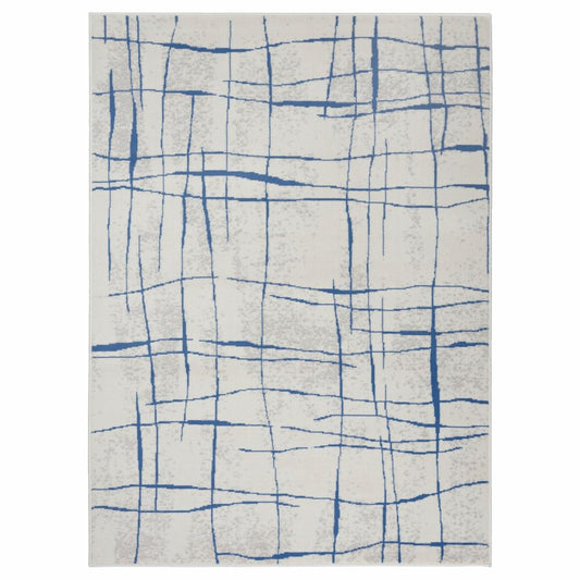 5' X 7' Ivory And Blue Geometric Distressed Area Rug