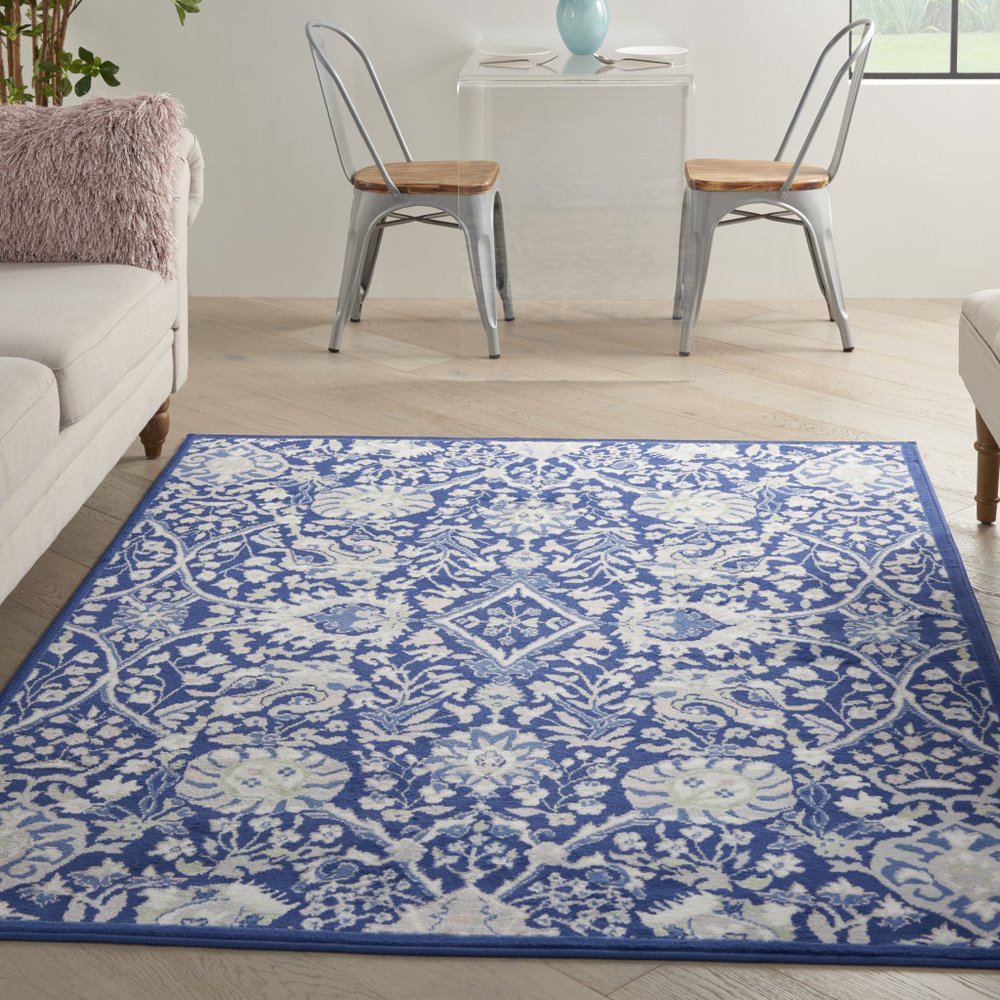 5' X 7' Ivory And Blue Floral Area Rug