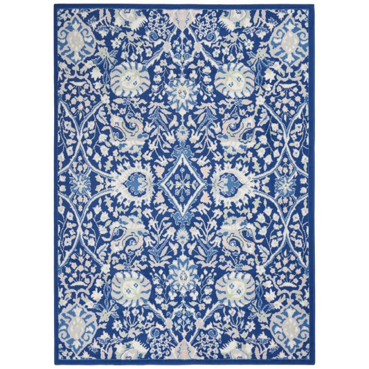 6' X 9' Blue And Ivory Floral Area Rug