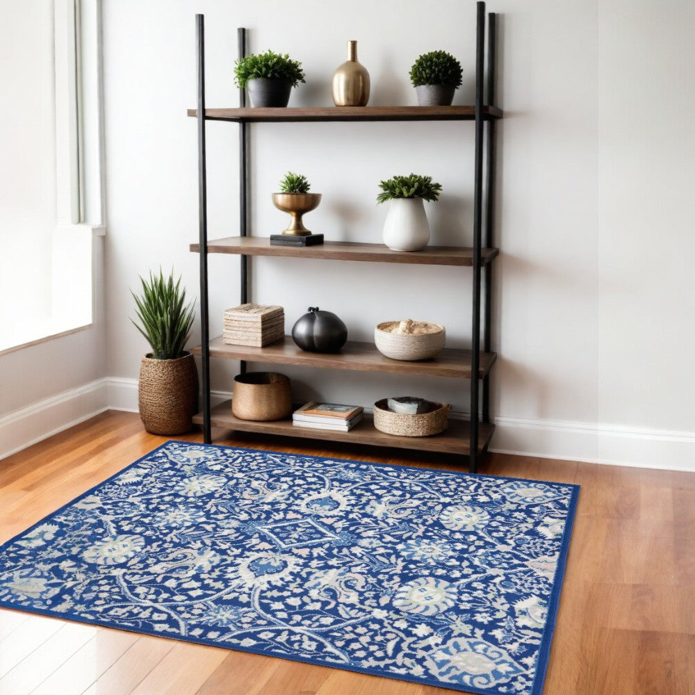 6' X 9' Navy Blue Floral Dhurrie Area Rug