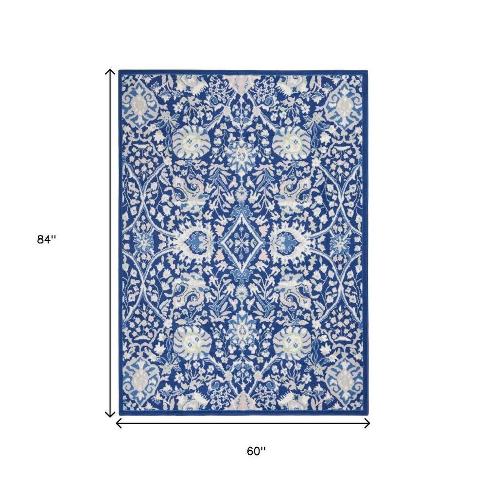 6' X 9' Blue And Ivory Floral Area Rug