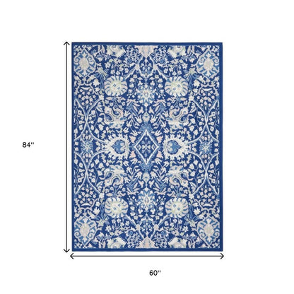 5' X 7' Ivory And Blue Floral Area Rug