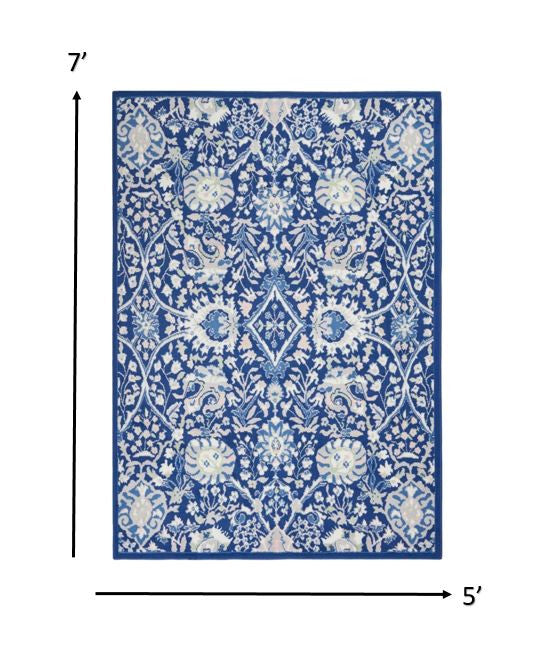 5' X 7' Navy Blue Floral Dhurrie Area Rug