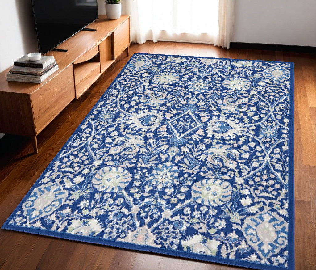 6' X 9' Navy Blue Floral Dhurrie Area Rug