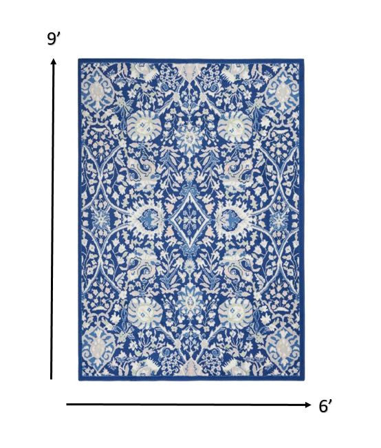 6' X 9' Navy Blue Floral Dhurrie Area Rug