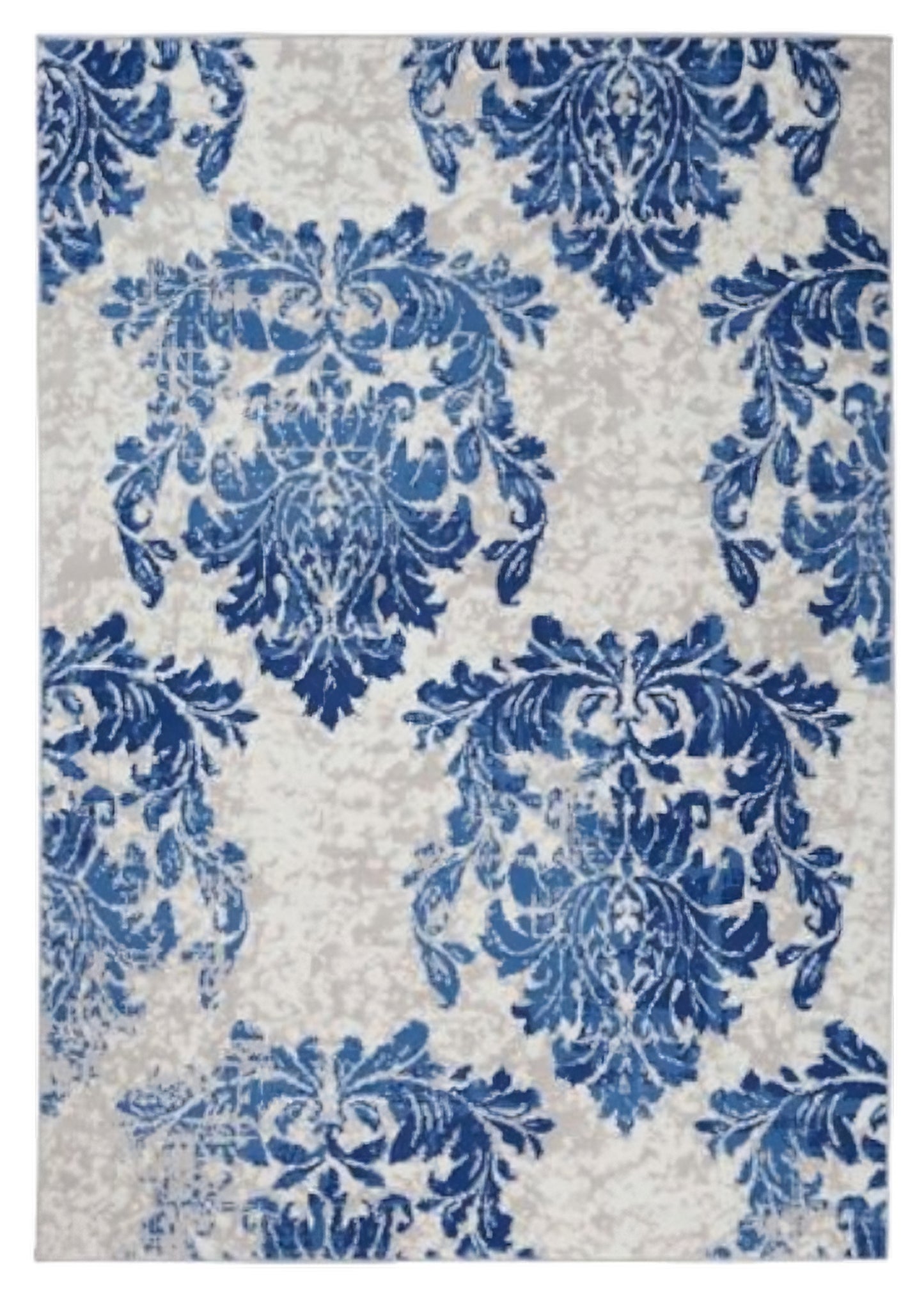 6' X 9' Ivory And Blue Damask Distressed Area Rug