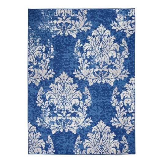 4' X 6' Ivory And Blue Damask Distressed Area Rug