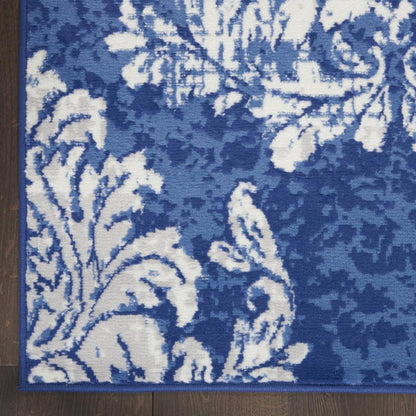 4' X 6' Ivory And Blue Damask Distressed Area Rug