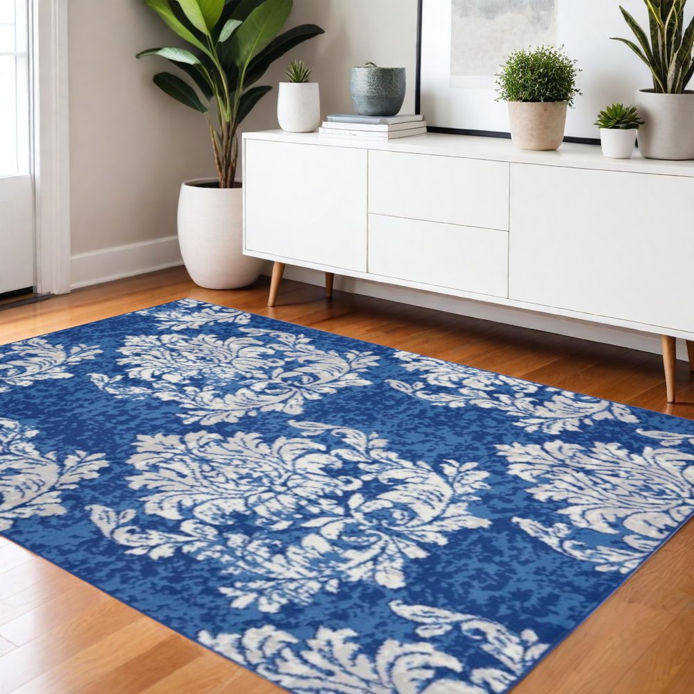 4' X 6' Ivory And Blue Damask Distressed Area Rug