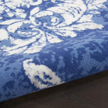 4' X 6' Ivory And Blue Damask Distressed Area Rug