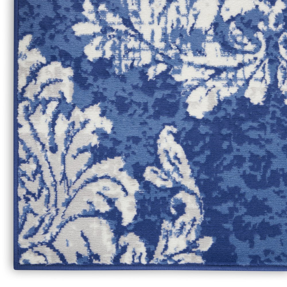 4' X 6' Ivory And Blue Damask Distressed Area Rug