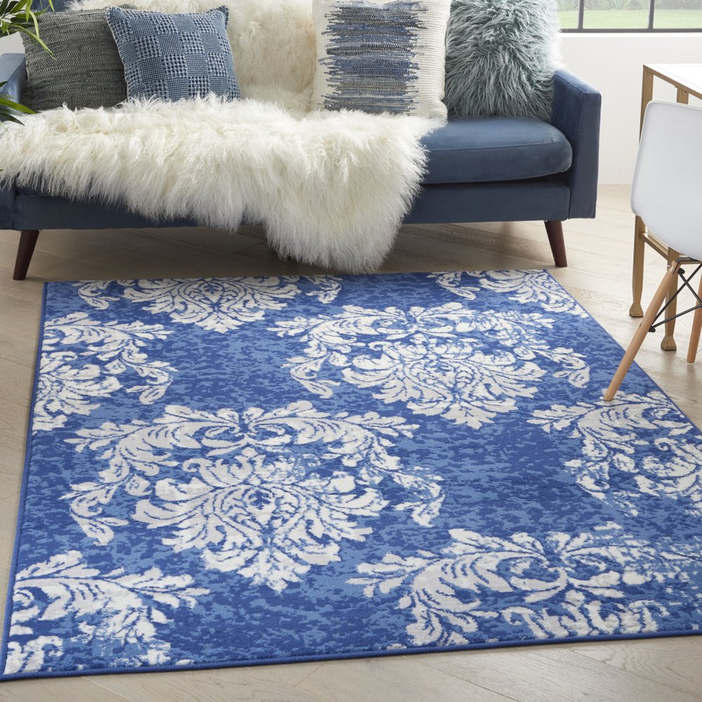 4' X 6' Ivory And Blue Damask Distressed Area Rug