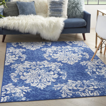 4' X 6' Ivory And Blue Damask Distressed Area Rug