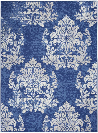 4' X 6' Ivory And Blue Damask Distressed Area Rug