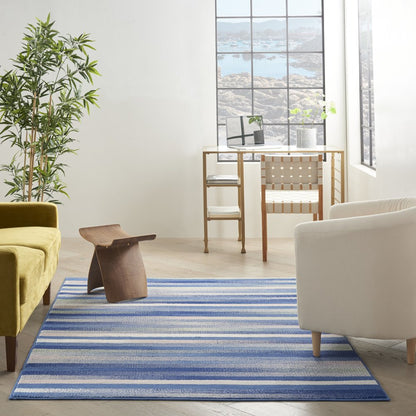 5' X 7' Blue And White Striped Distressed Area Rug