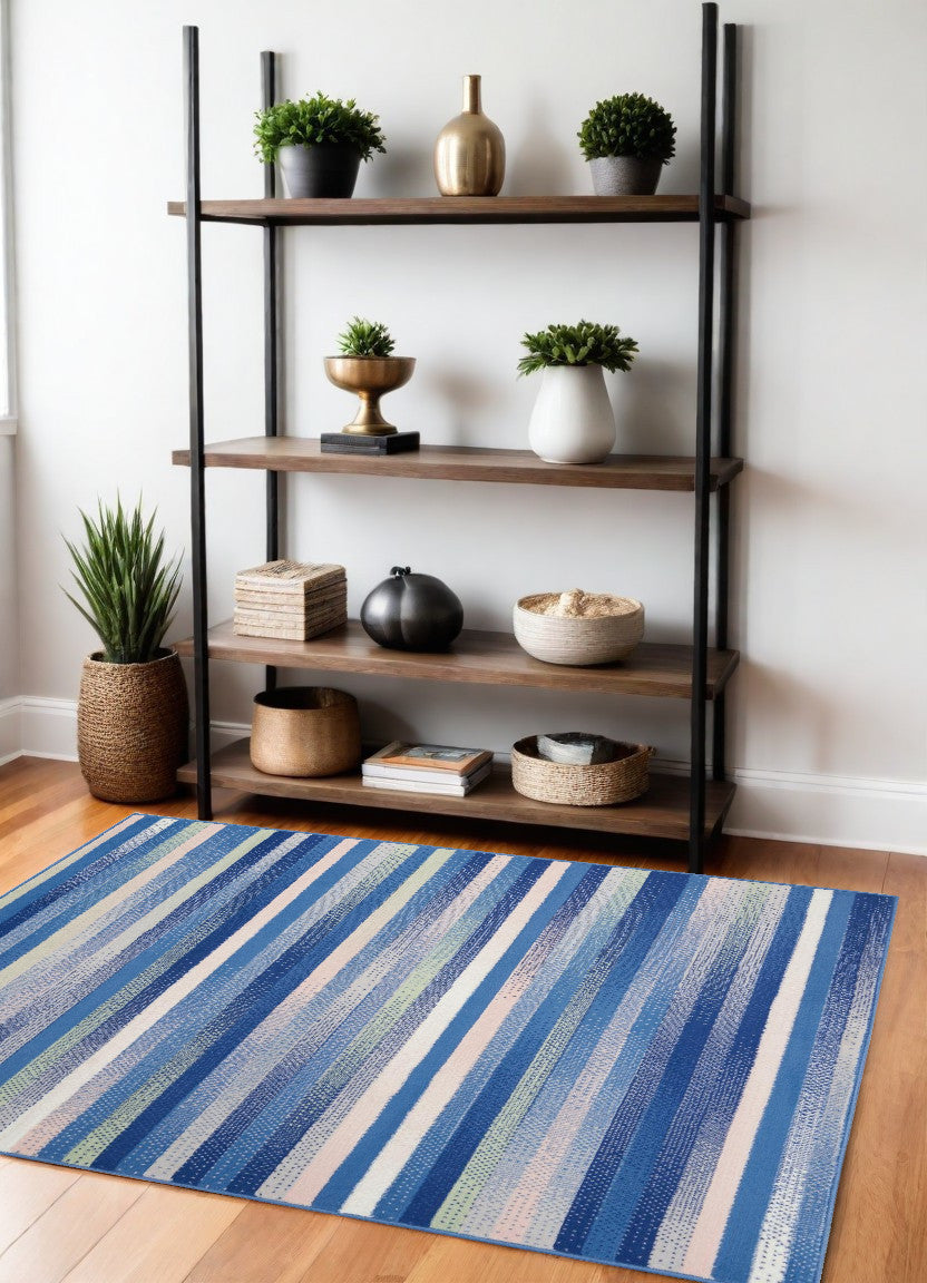 6' X 9' Blue And White Striped Dhurrie Area Rug